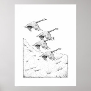 Vliegend Canada Geese Pen en inkttekening Poster