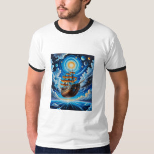 Vliegend piratenschip door kosmische lucht t-shirt