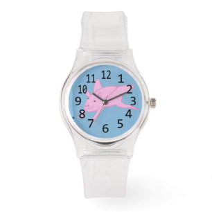 Vliegend roze varken op blauw, genummerde horloges