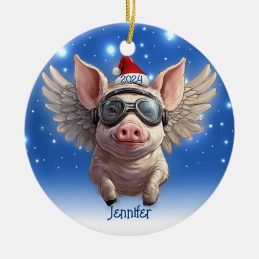 Vliegend Varken met Santa Pet Gepersonaliseerd Orn Keramisch Ornament (Voorkant)