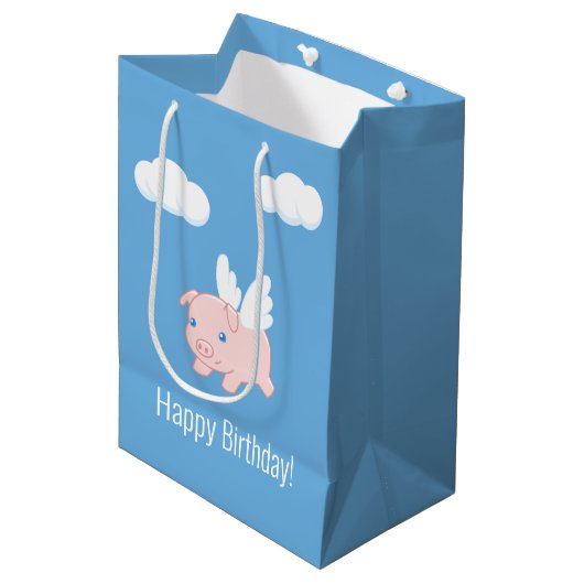 Vliegend Varken Verjaardag Blauw Medium Cadeauzakje (Voorkant Gekanteld)