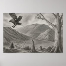 Vliegend Vrij – Monochrome Wildernis Schets Kunst Poster