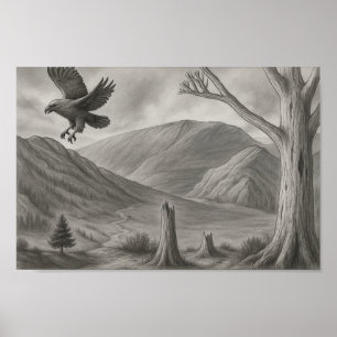 Vliegend Vrij – Monochrome Wildernis Schets Kunst Poster