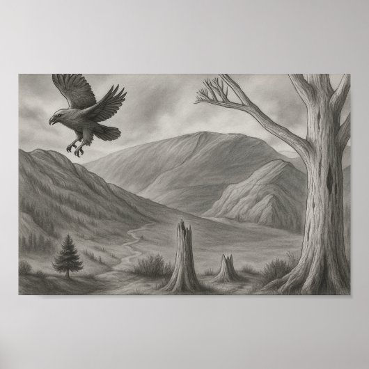Vliegend Vrij – Monochrome Wildernis Schets Kunst Poster (Voorkant)
