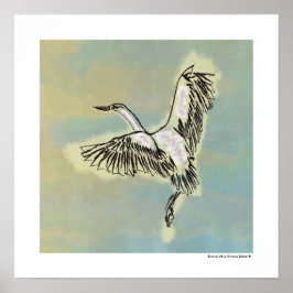 Vliegende Blauwe Bruine Kraan Lijn Kunst Tekening Poster