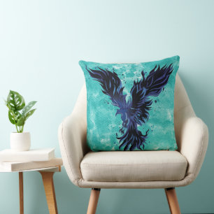 Vliegende Blauwe Phoenix Vogel Grafisch Kussen