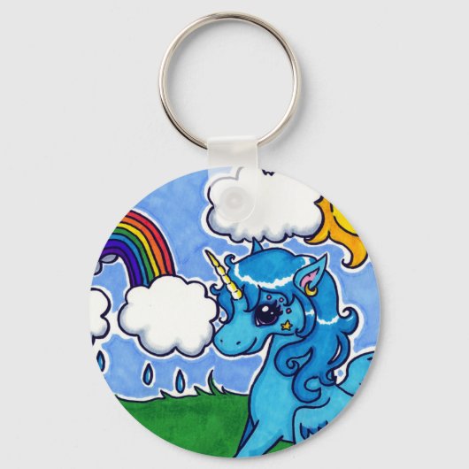 Vliegende Blauwe Unicorn met regenboog Sleutelhanger (Voorkant)