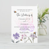 Vliegende bloemen schenden roze bruiloft kaart (Staand voorkant)