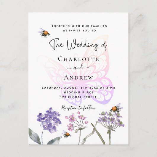 Vliegende bloemen schenden roze bruiloft uitnodiging briefkaart (Voorkant)