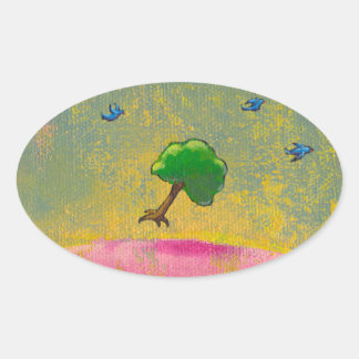 Vliegende boom w / blauwe vogels leuk hoopvolle ku ovale sticker