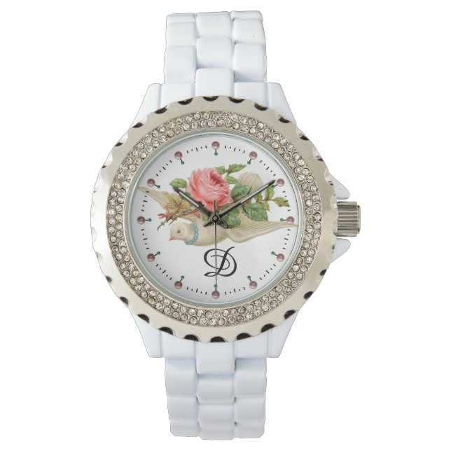 VLIEGENDE DUIF MET ROZE ROSE MONOGRAM HORLOGE (Voorkant)