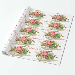 VLIEGENDE DUIF MET ROZE ROSE VALENTIJNSDAG CADEAUPAPIER
