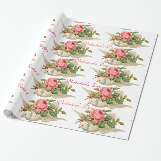VLIEGENDE DUIF MET ROZE ROSE VALENTIJNSDAG CADEAUPAPIER (Uitgerold)