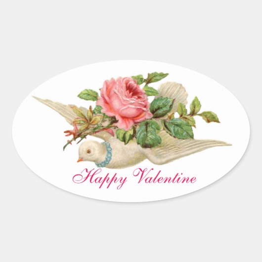 VLIEGENDE DUIF MET ROZE ROSE VALENTIJNSDAG OVALE STICKER (Voorkant)