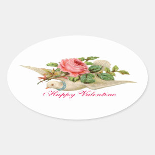 VLIEGENDE DUIF MET ROZE ROSE VALENTIJNSDAG OVALE STICKER