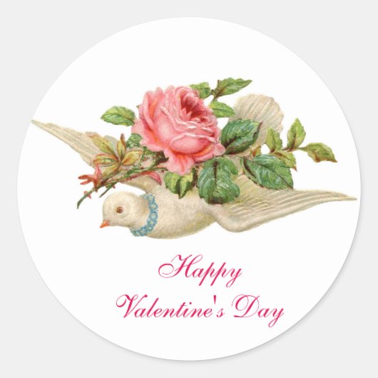 VLIEGENDE DUIF MET ROZE ROSE VALENTIJNSDAG RONDE STICKER (Voorkant)