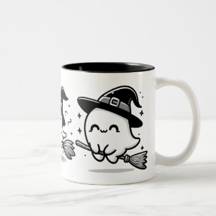 Vliegende Geest Heks op Bezem Halloween Mok   Dubb