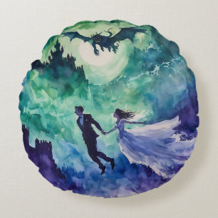 Vliegende Geliefden - Aquarel Schilderij Rond Kussen