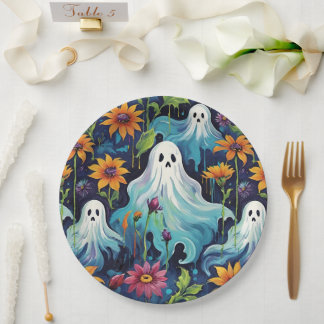 Vliegende Halloween geesten en bloemen Papieren Bordje