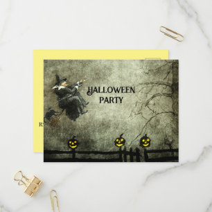  vliegende heks bij nacht grijnzende pompoenen uitnodiging briefkaart
