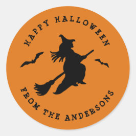 Vliegende heks Black & Oranje Halloween Ronde Sticker