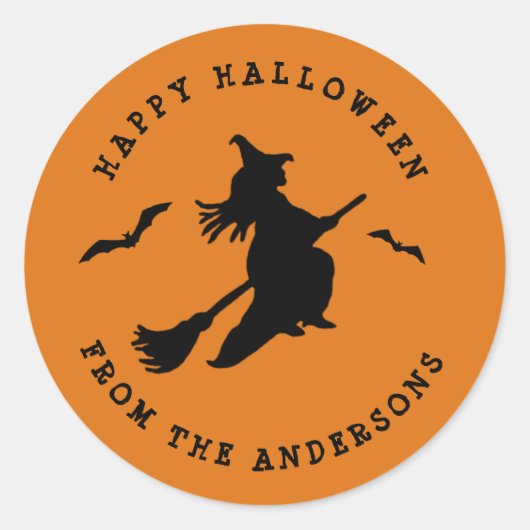 Vliegende heks Black & Oranje Halloween Ronde Sticker (Voorkant)