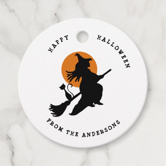 Vliegende heks en kat zwart en wit Halloween Bedankjes Labels (Voorkant)