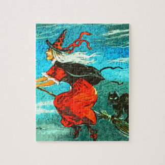 Vliegende Heks en Zwarte Kat Halloween Legpuzzel