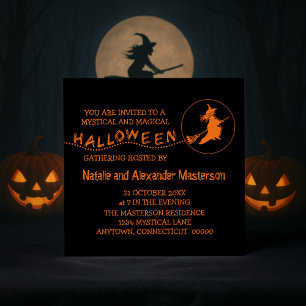 Vliegende heks Halloween Invite, zwart-Oranje Kaart