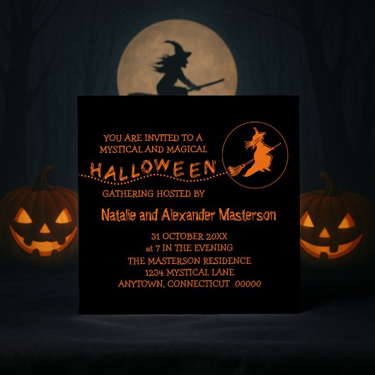 Vliegende heks Halloween Invite, zwart-Oranje Kaart