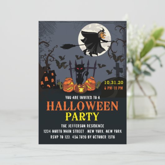 Vliegende heks-halloween-partij kaart (Staand voorkant)