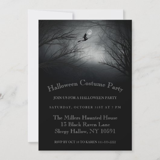 Vliegende heks Haunted Halloween Party nodiging Kaart (Voorkant)