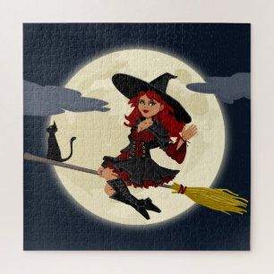 Vliegende heks, maan en zwarte kat legpuzzel