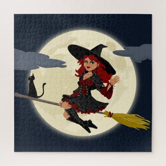 Vliegende heks, maan en zwarte kat legpuzzel (Verticaal)
