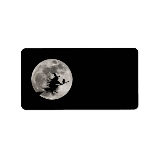 Vliegende heks met een felle maan achter haar etiket (Voorkant)