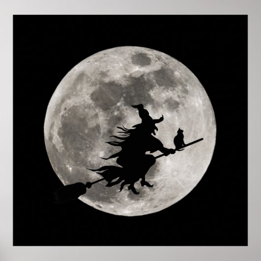 Vliegende heks met een felle maan achter haar poster (Voorkant)