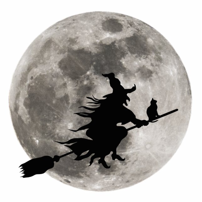 Vliegende heks met een felle maan achter haar staand fotobeeldje  (Voorkant)