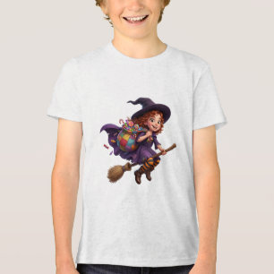 Vliegende Heks met Snoepzak Halloween Griezelen Tri-Blend Shirt
