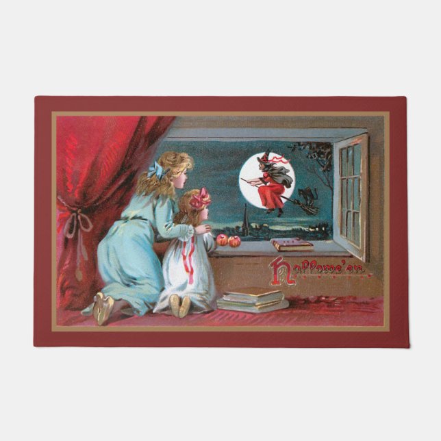  vliegende heks met volle maan en schoolmeisjes deurmat (Voorkant)