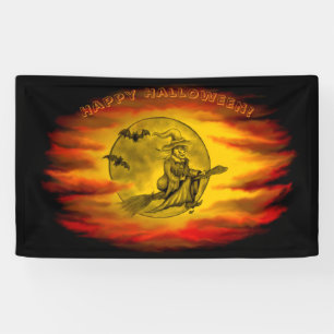 Vliegende heks met zwarte kat, Halloween-nacht Spandoek
