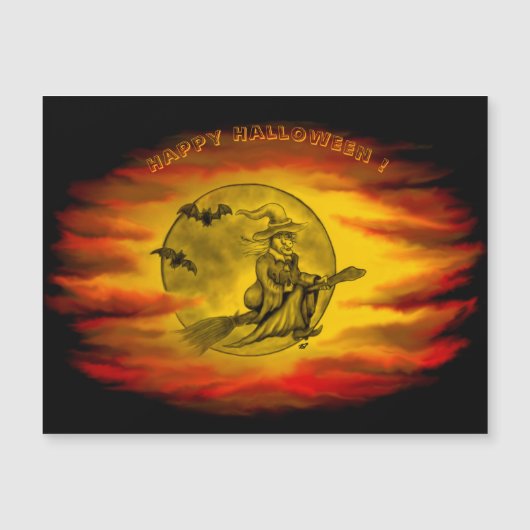 Vliegende heks met zwarte kat, halve nacht (Voorkant)