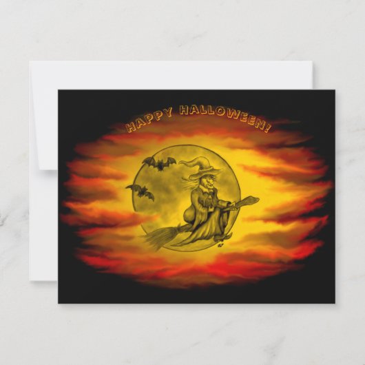 Vliegende heks met zwarte kat, halve nacht (Voorkant)