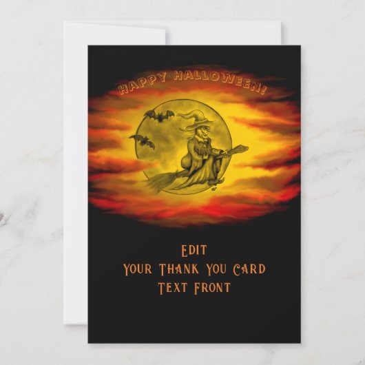 Vliegende heks met zwarte kat, halve nacht bedankkaart (Voorkant)