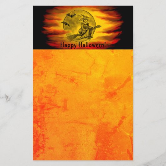 Vliegende heks met zwarte kat, halve nacht briefpapier (Voorkant)