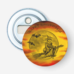 Vliegende heks met zwarte kat, halve nacht button flesopener