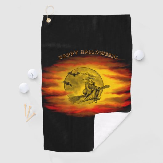 Vliegende heks met zwarte kat, halve nacht golfhanddoek (Insitu)
