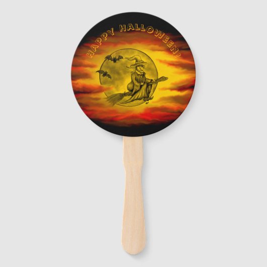 Vliegende heks met zwarte kat, halve nacht handwaaier (Voorkant)