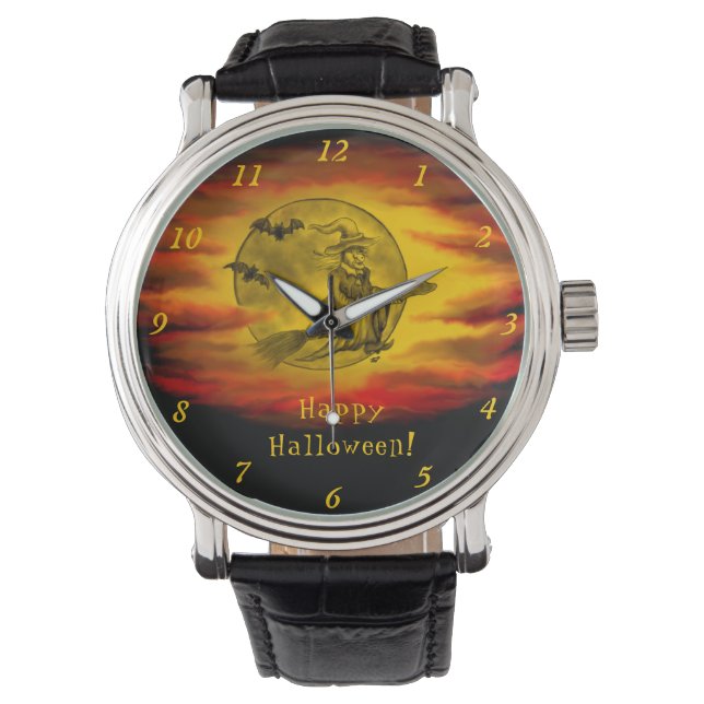 Vliegende heks met zwarte kat, halve nacht horloge (Voorkant)