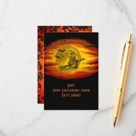 Vliegende heks met zwarte kat, halve nacht informatiekaartje