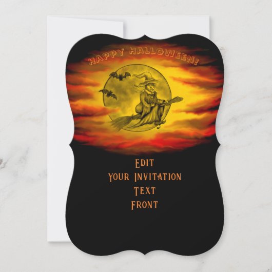 Vliegende heks met zwarte kat, halve nacht kaart (Voorkant)